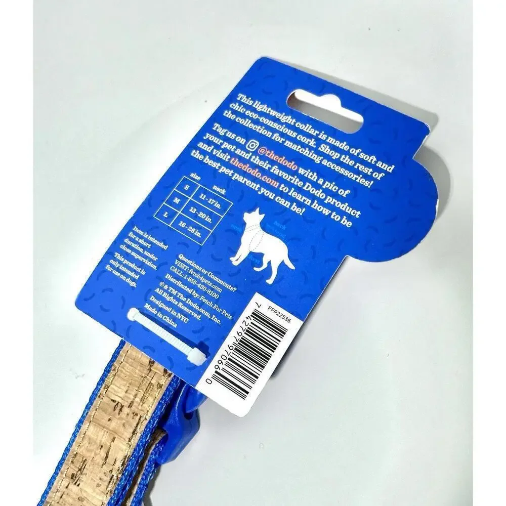 NWT The dodo Dog Collar Stripe Cork Material Blue Size Lg Neck Size 16-26in. Eco